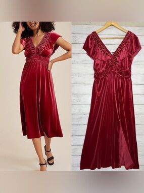 Red Velvet Velour Midi Dress With Leg Slit Ruffle Boho Coquette Size Medium